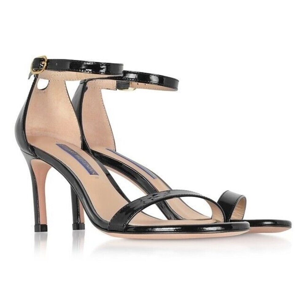 $450 STUART WEITZMAN NUNAKED 3.3" STRAP SANDAL NUDIST BLACK PATENT 10.5 (DB12)